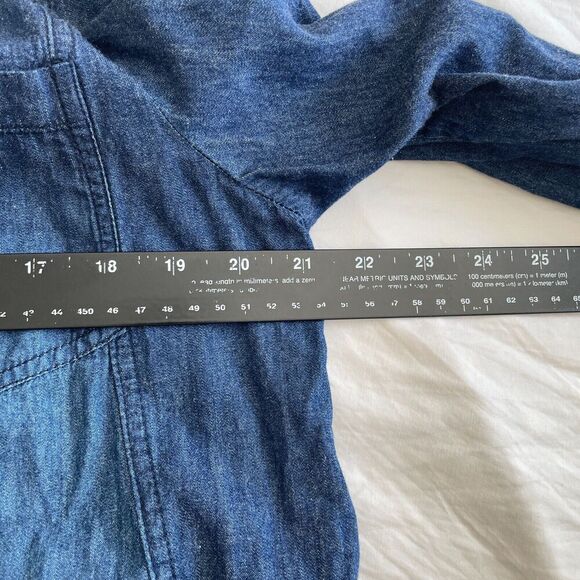 Ellos Western Denim Midi Dress Sz S/M Pearl Button Roll Tab Peasant Cottagecore - Picture 12 of 14